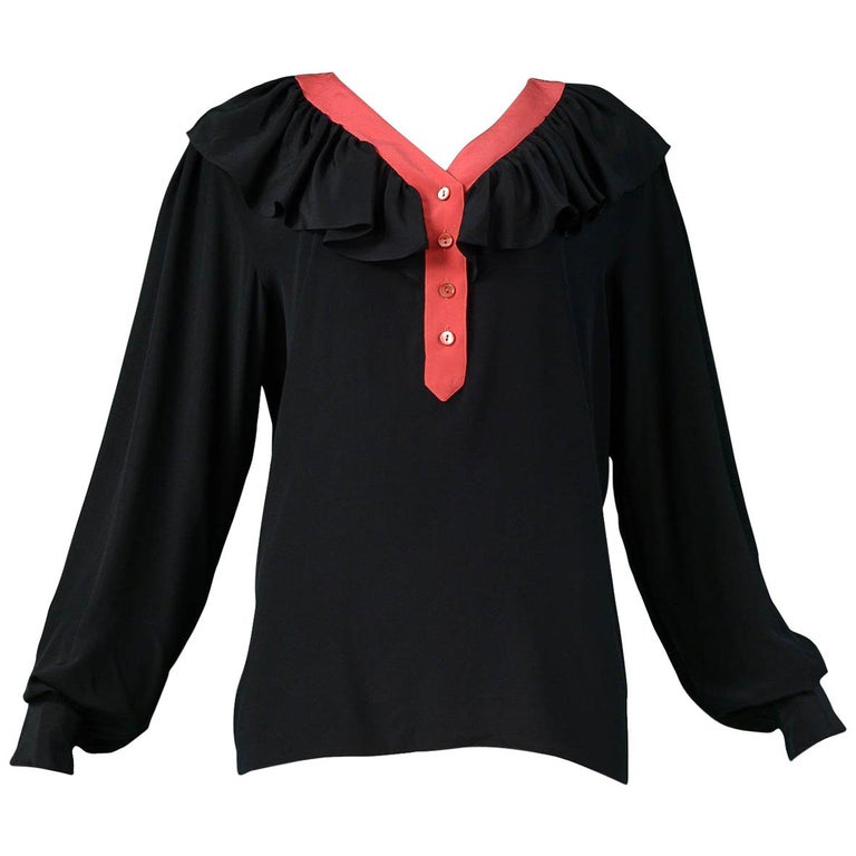 Vintage Yves Saint Laurent Black and Red Silk Ruffle Blousew For Sale at  1stDibs