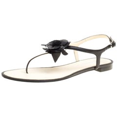 Chanel Black Leather Camellia Thong Sandals Size 40