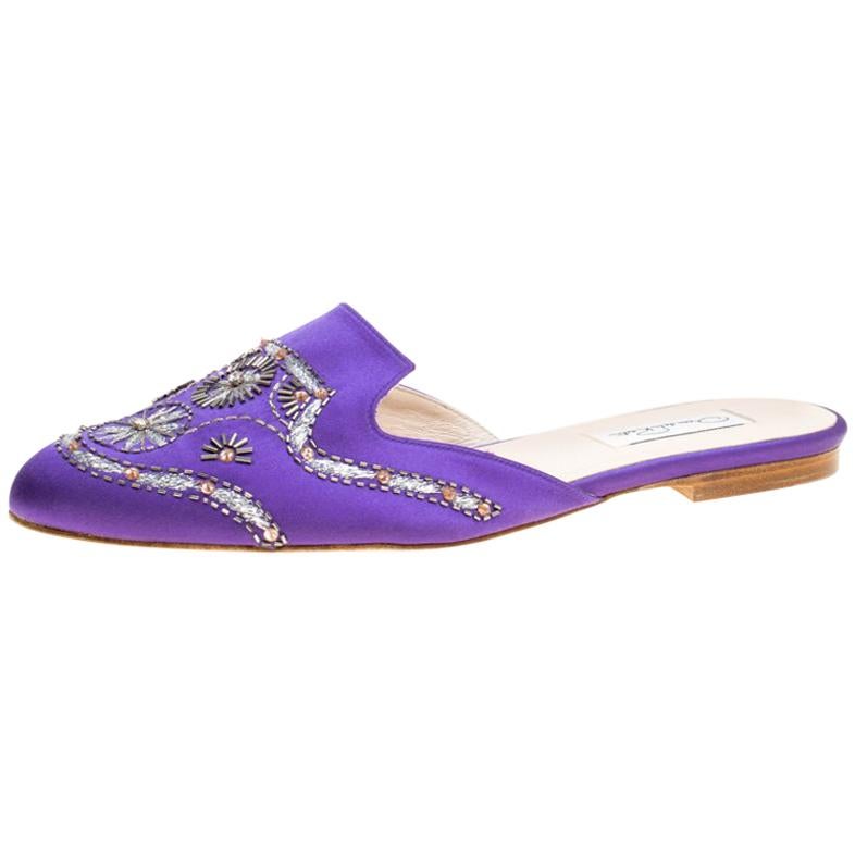 Oscar De La Renta Purple Embellished Satin Flat Spanish Mules Size 40