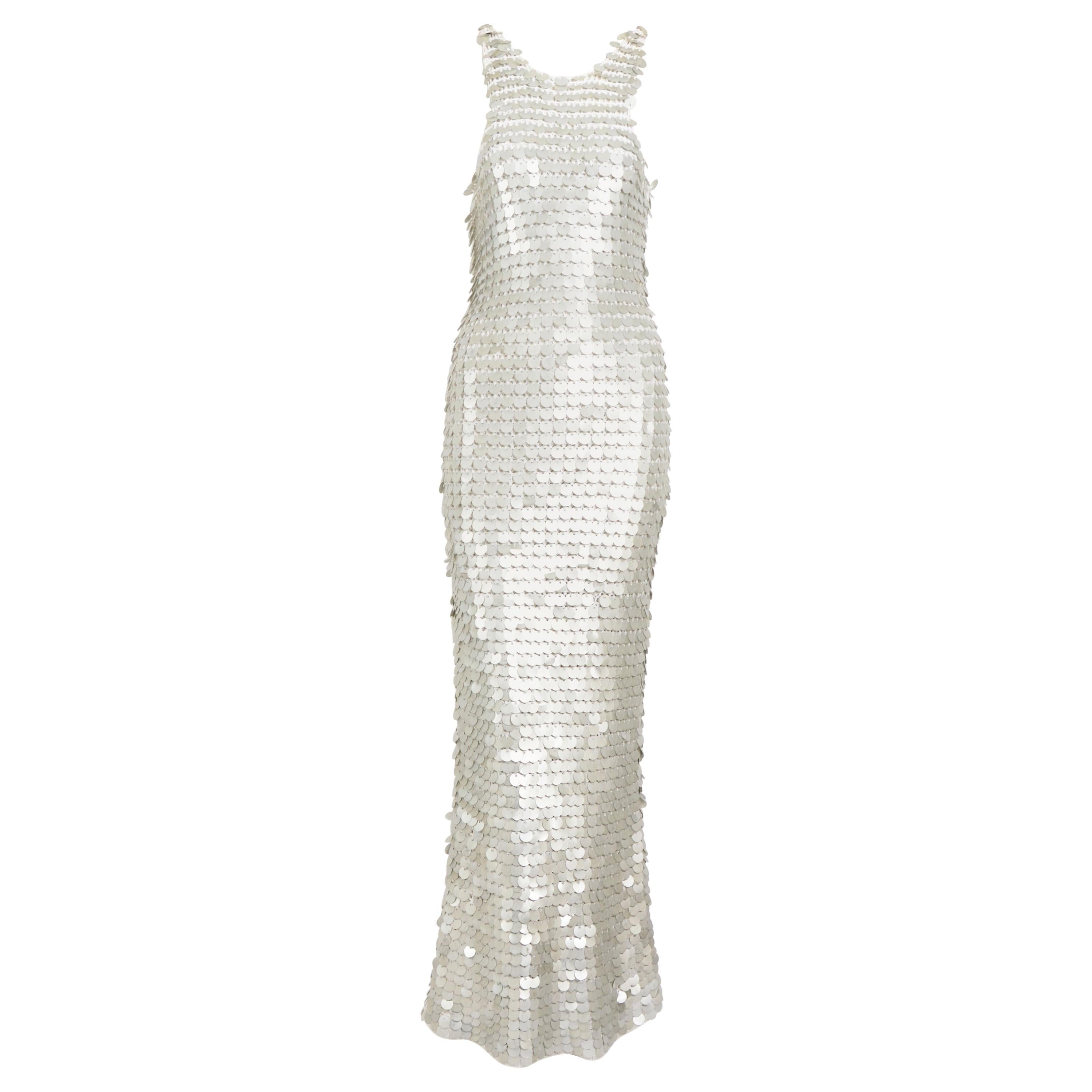 Vintage 1970 sheer white crochet and silver metallic disc sequins slip dress