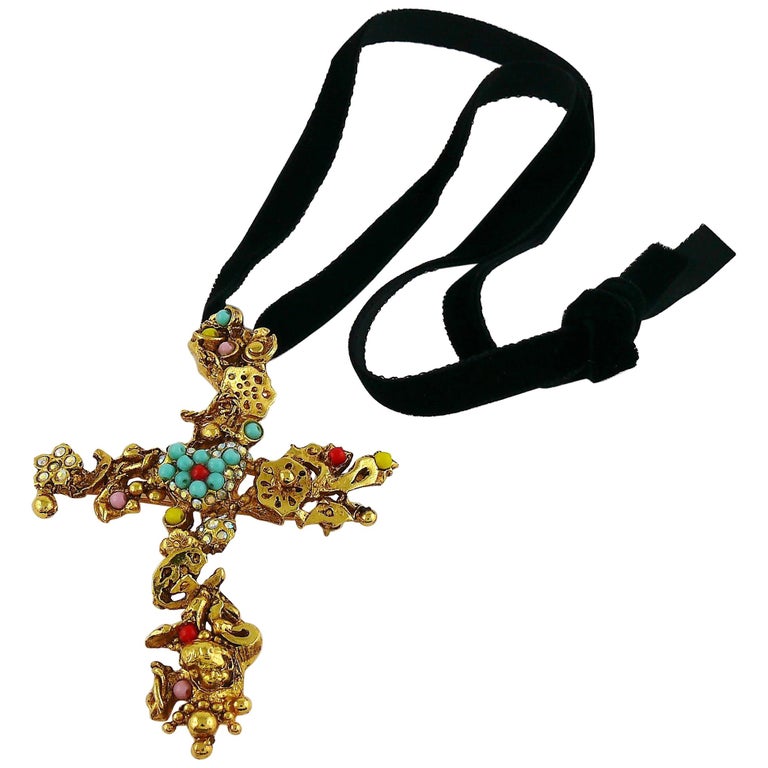 Christian Lacroix Vintage Gold Toned Jewelled Cross Pendant Necklace At 1stdibs
