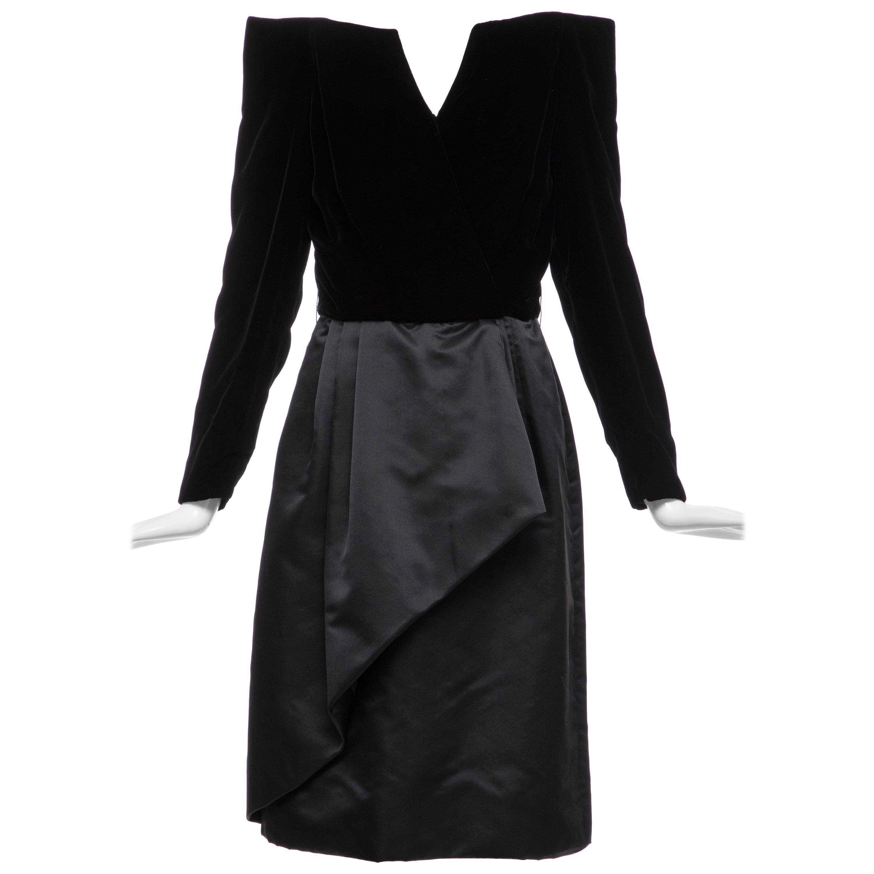 Scaasi Boutique Black Silk Velvet Silk Satin Evening Dress, Circa: 1980's  For Sale