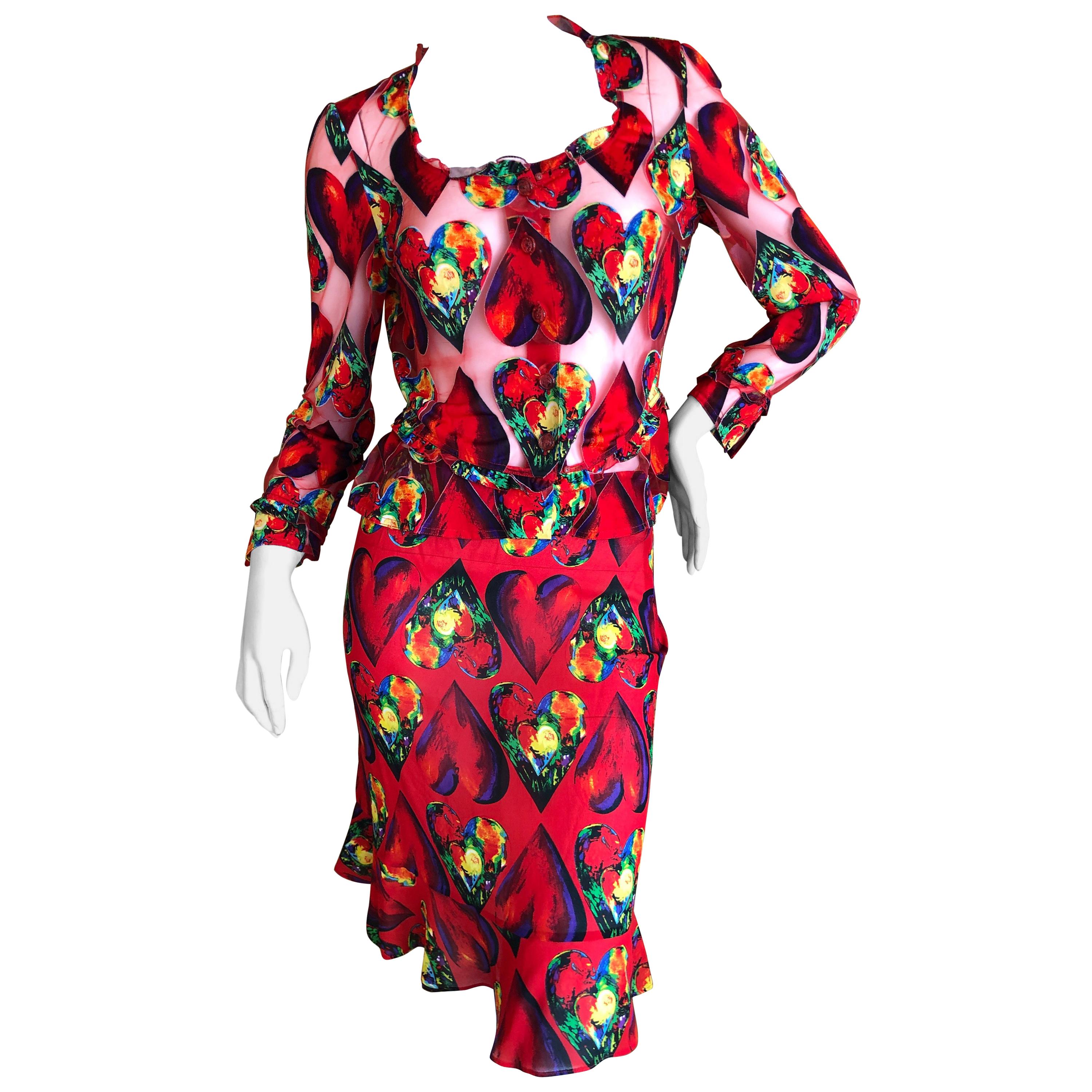 Gianni Versace Couture Spring 1997 Jim Dine Heart Print Sheer Skirt Suit For Sale
