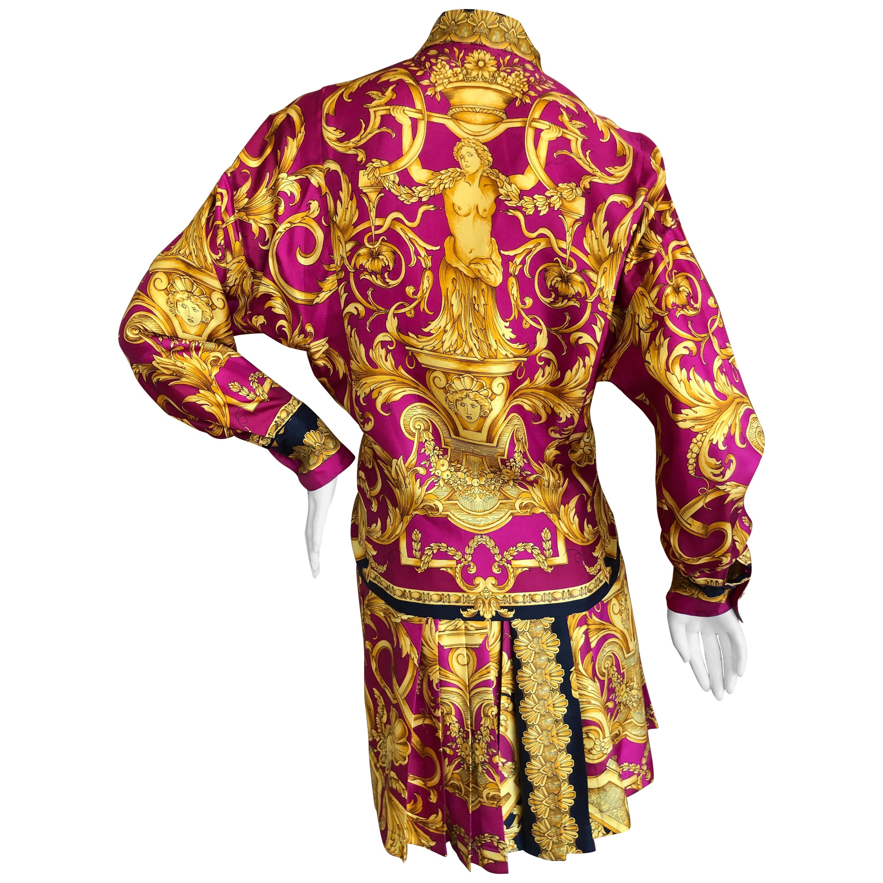 Gianni Versace 1987 Fuchsia and Gold Baroque Print Pleated Mini Skirt Suit For Sale