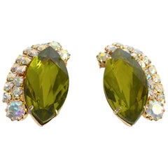 Vintage Oversize Green Tourmaline Marquis Crystal Earrings, 1960s