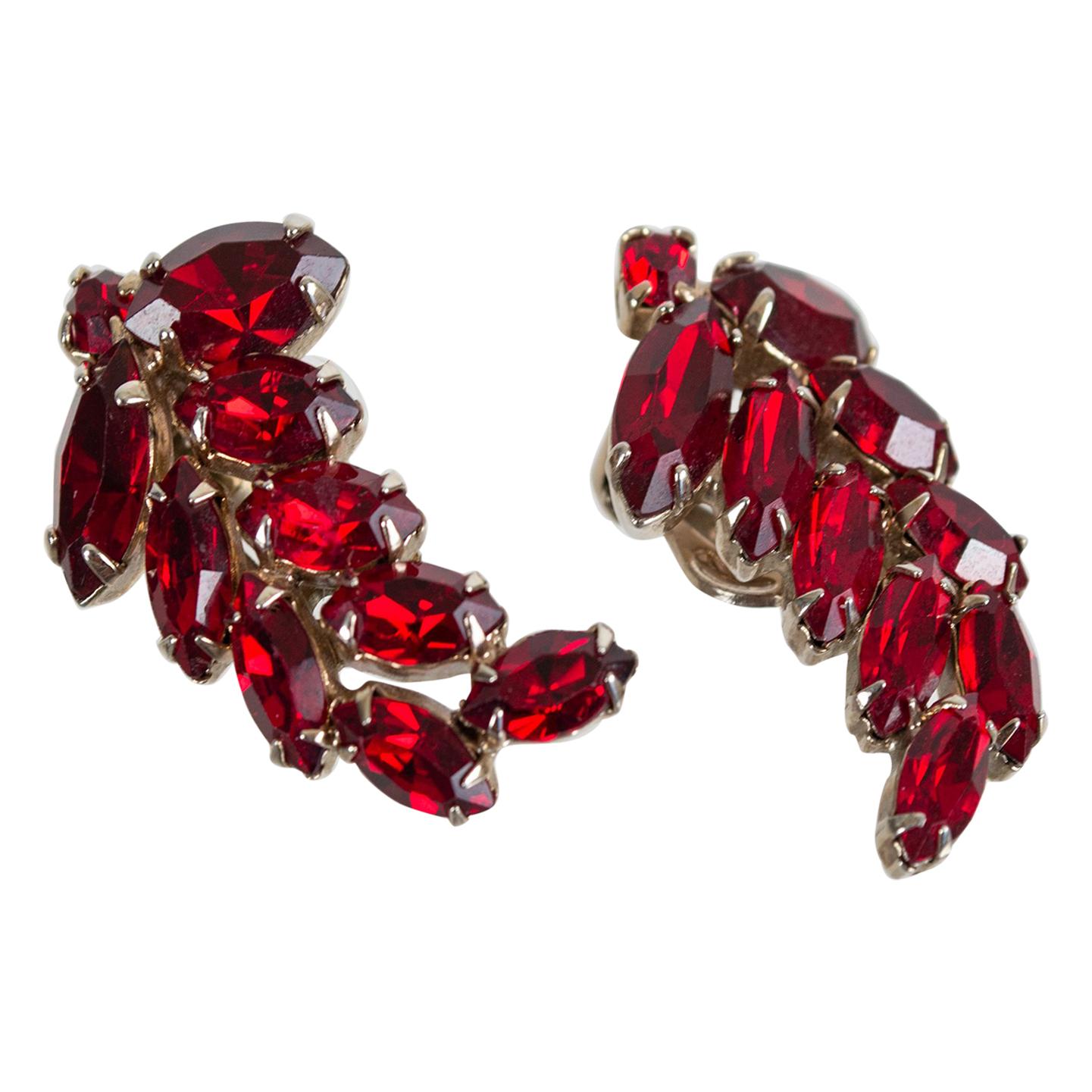 Weiss Blood Red Austrian Garnet Crystal Marquis Ear Crawler Vine Earrings, 1950s
