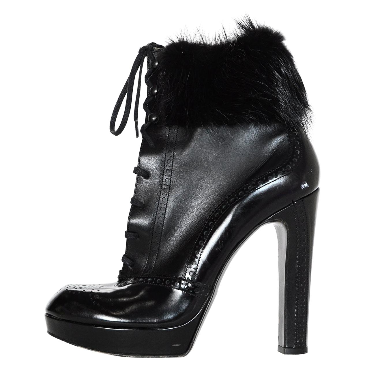 Robert Clergerie Black Patent Leather Short Boot W/ Fur Trim Sz 9.5 