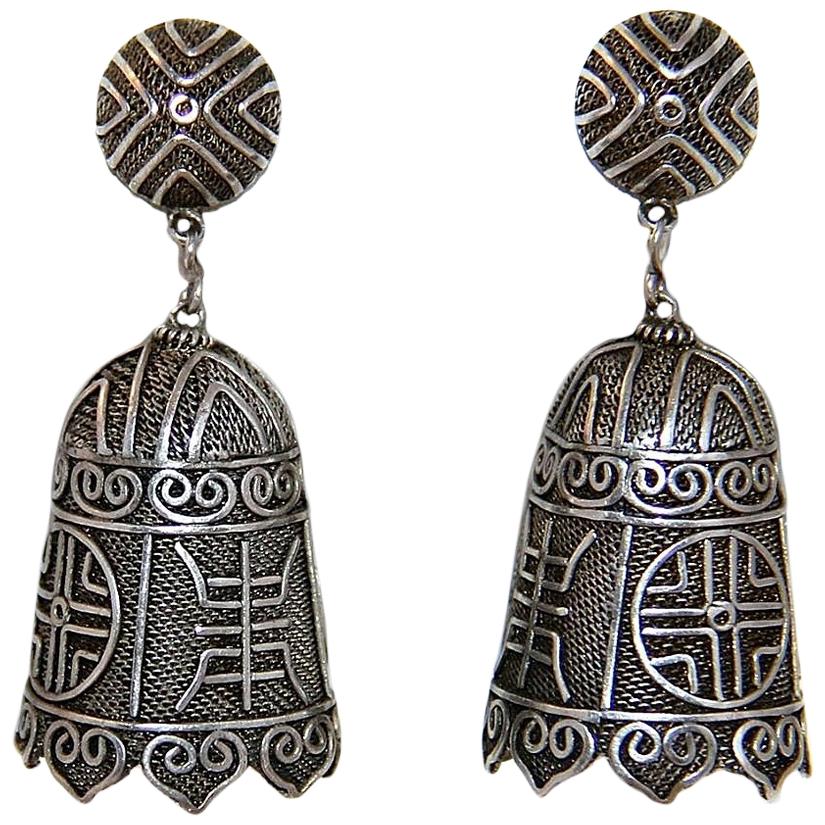 Circa 1930s Chinese Sterling Silver Bell Shape Earrings For Sale