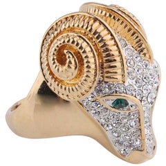 18 K Gold Plate Ram Head Ring-CZ Pave Face Green Faux Emerald Eyes