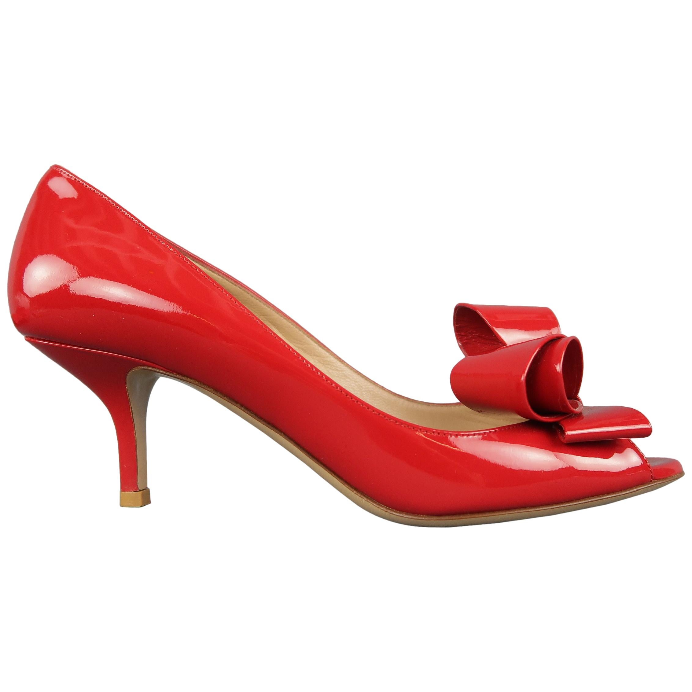 VALENTINO Size 8.5 Red Patent Leather Bow Peep Toe Pumps
