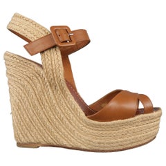 VALENTINO Size 8.5 Tan Leather Braided Espadrille Patform Wedge Sandals