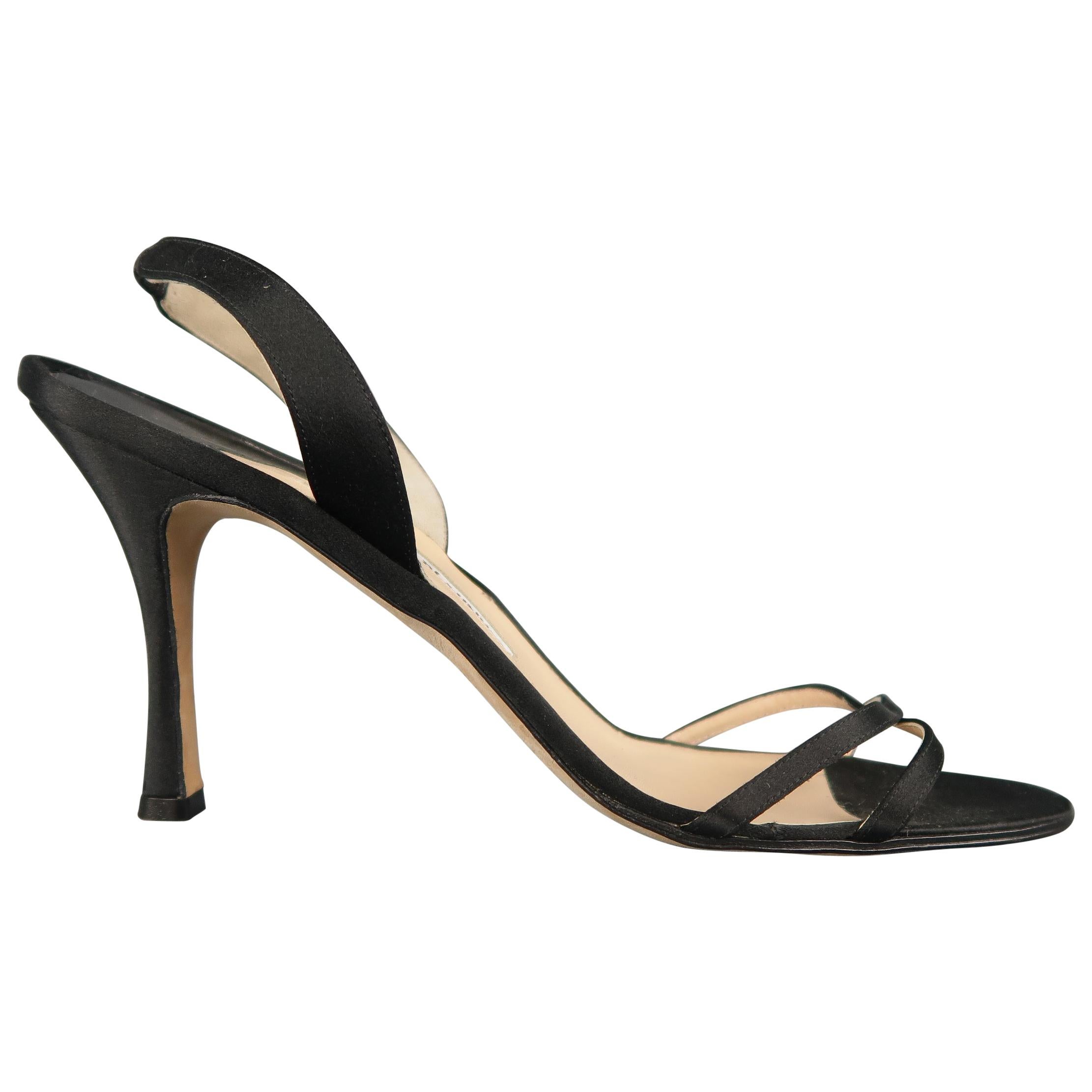 MANOLO BLAHNIK Size 12 Black Silk Satin X Strap Slingback Sandals