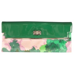 BALENCIAGA Green & Pink Floral Silk & Patent Leather Clutch Handbag
