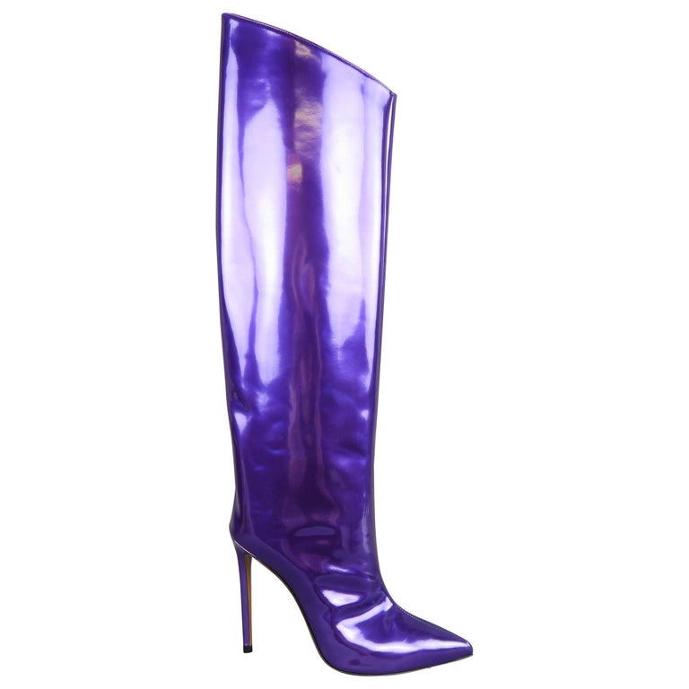 ALEXANDER VAUTHIER Size 7.5 Purple Metallic Patent Leather ALEX Knee ...