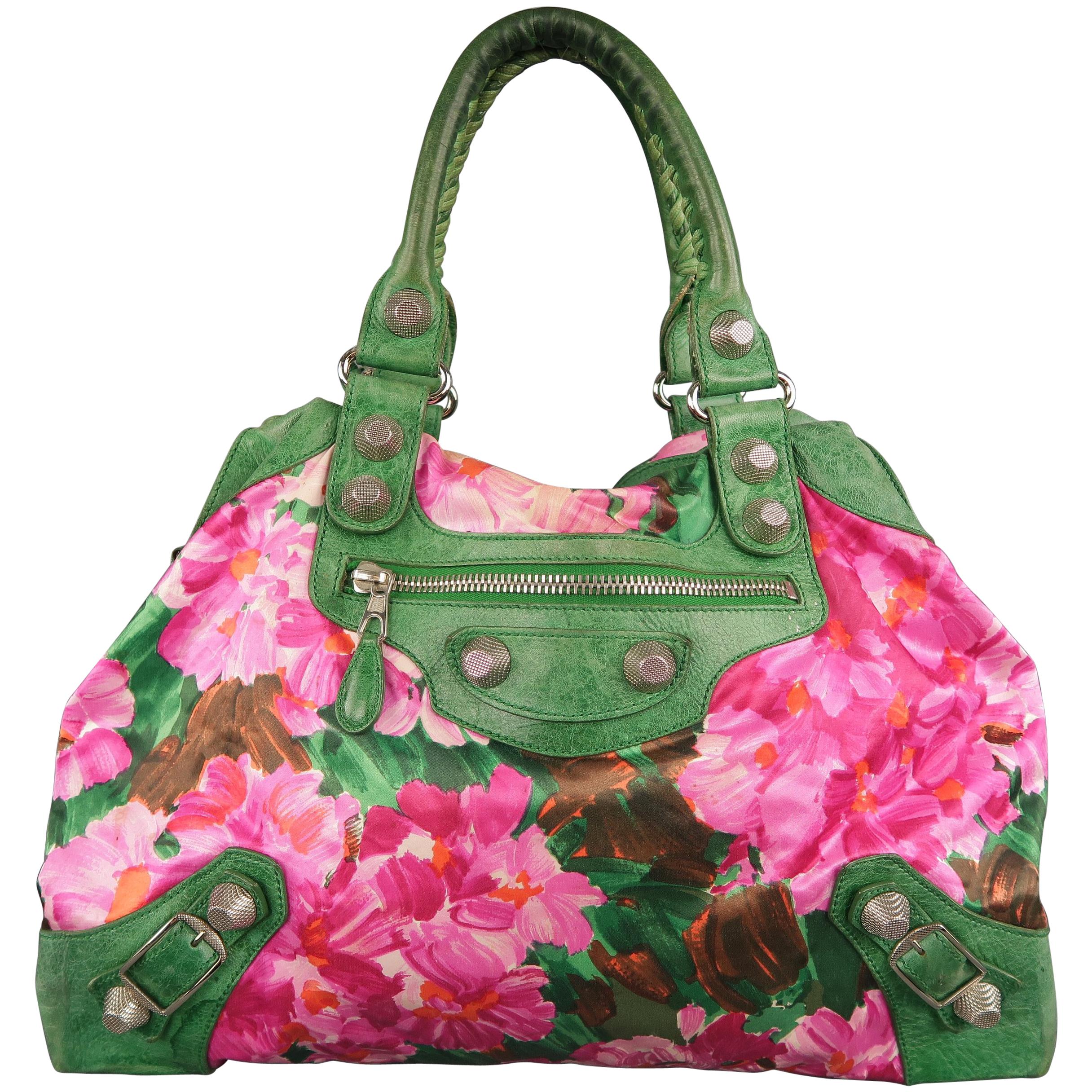 BALENCIAGA Pink Floral Silk & Green Leather 'FLORAL CITY' Top Handle Handbag