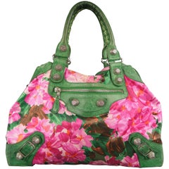 Vintage BALENCIAGA Pink Floral Silk & Green Leather 'FLORAL CITY' Top Handle Handbag