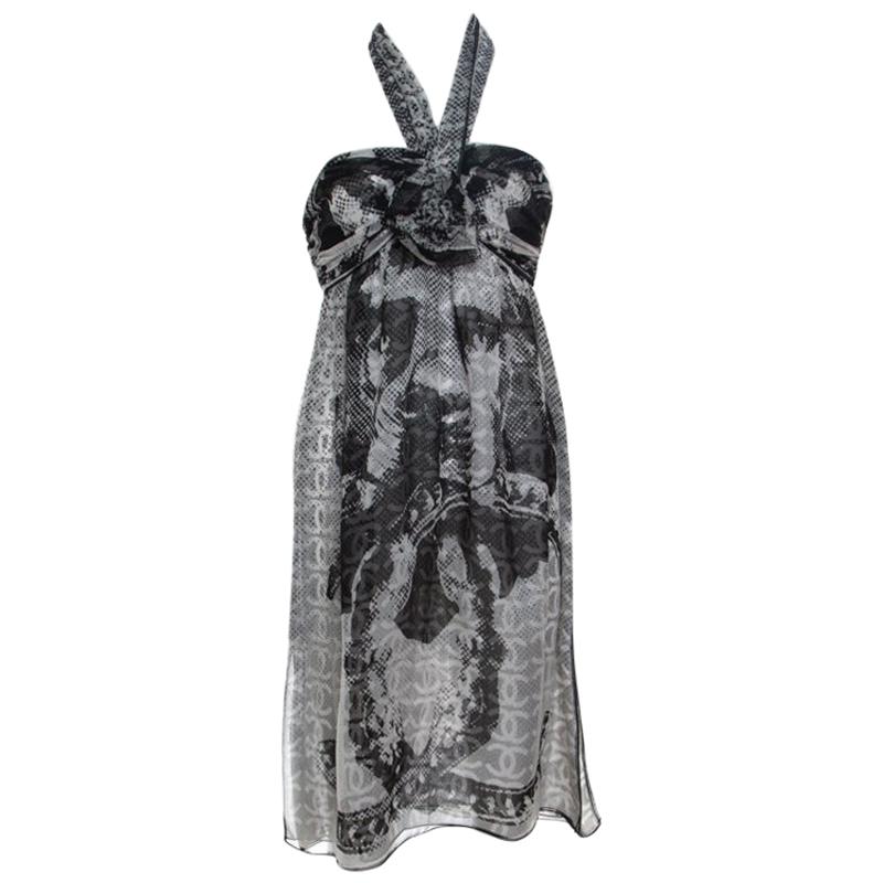 Chanel Monochrome CC Printed Dotted Silk Halter Dress S
