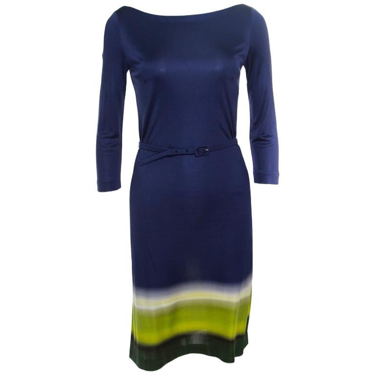 Prada Multicolor Silk Jersey Long Sleeve Belted Dress S