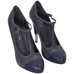 Grey & Navy Blue Chanel Leather T-Strap Pumps