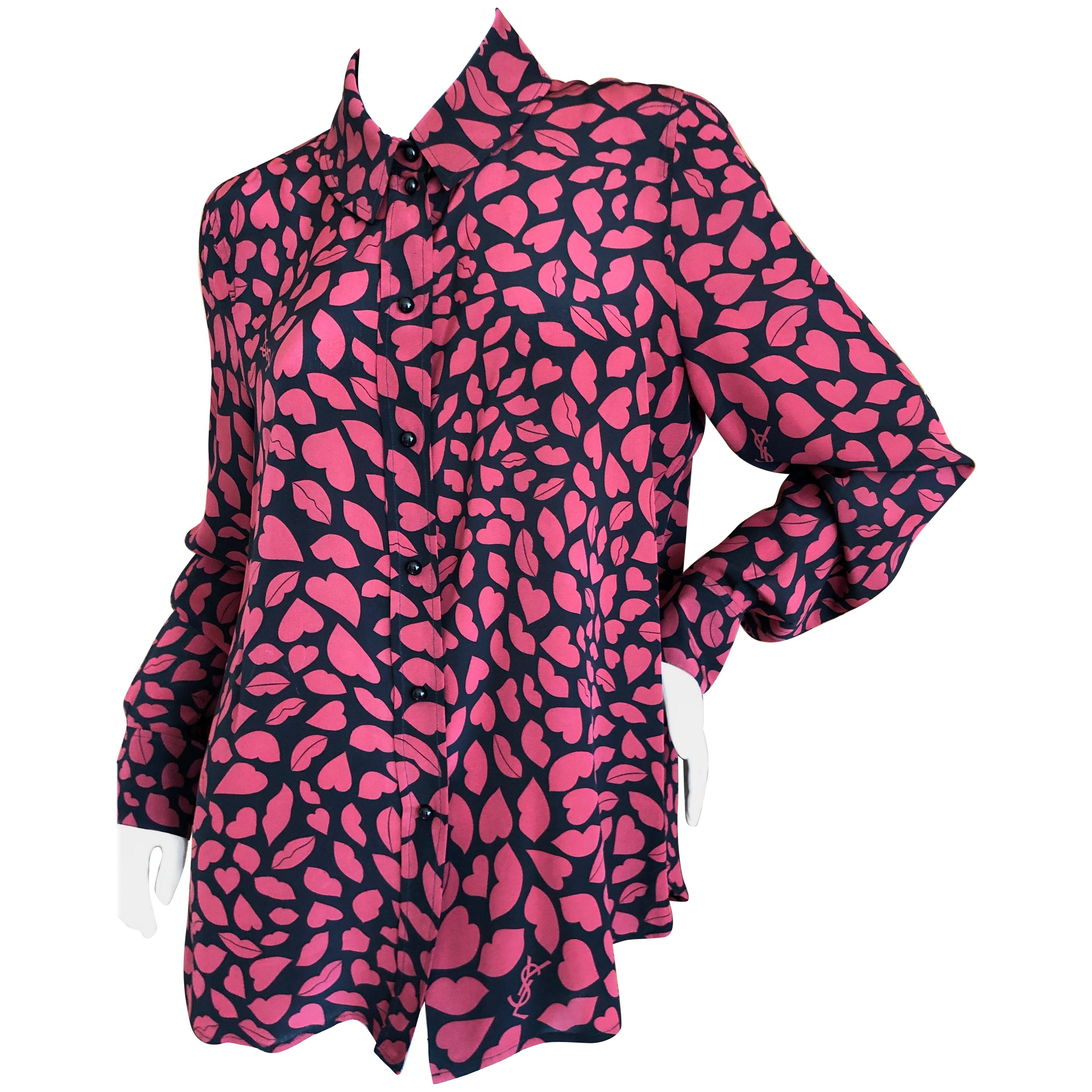 Yves Saint Laurent Vintage Heart and Lips Print Snap Front Blouse Size Large For Sale