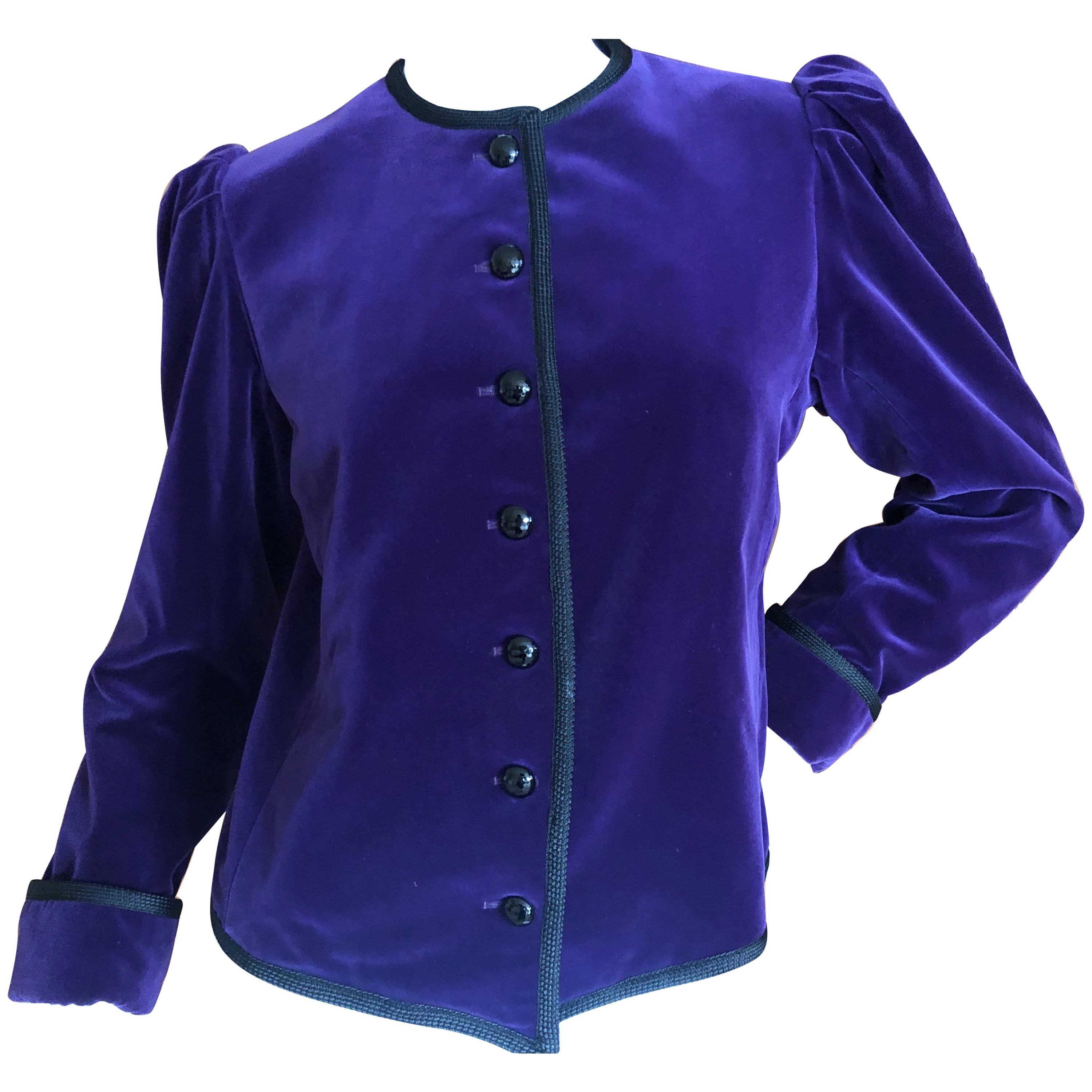 Yves Saint Laurent Rive Gauche 1970's Purple Velvet Jacket with Black Cord Trim For Sale