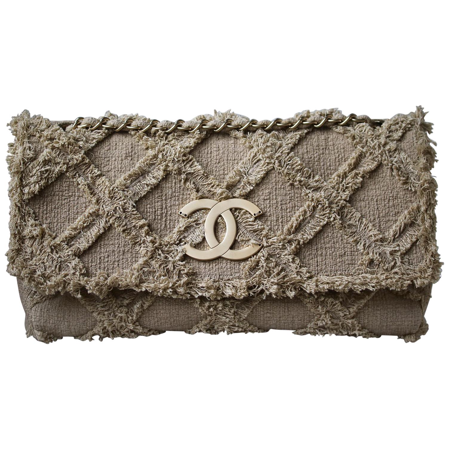 Chanel Quilted Fringe Trim Tweed Jumbo Flap Bag