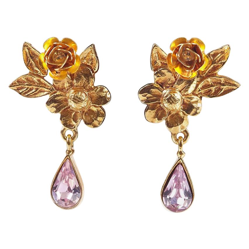1990s Christian Lacriox Gold Tone Crystal Drop Earrings