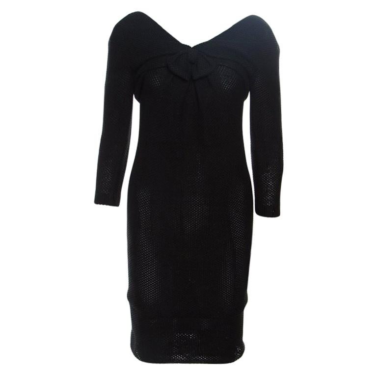 Chanel Black Textured Glitter Effect Cotton Bow Detail Long Sleeve Dress S