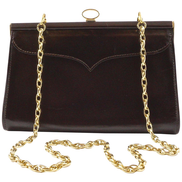 Eros Dark Chocolate Brown Leather Handbag with Chain Link Strap, Made in England For Sale at 1stdibs