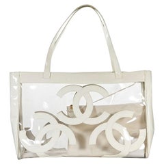 White Chanel Logo PVC Tote Bag