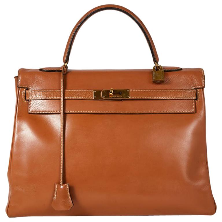 HERMES Vintage Kelly 35 Bag in Caramel Box Leather For Sale at 1stDibs