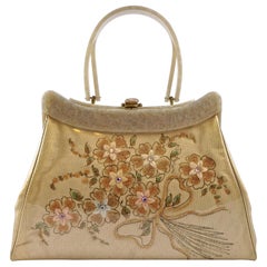 Rialto 1950s Lucite Vinyl Cream Fabric Handbag with Flowers and Rhinestones