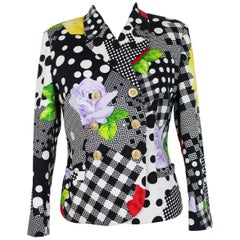 Vintage 1990s Gianni Versace Floral Polka Dot Black White Blazer Jacket