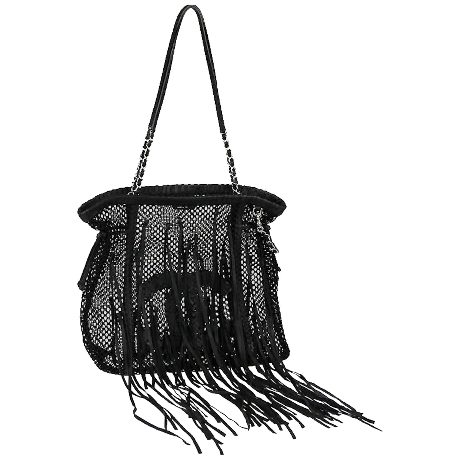 Chanel Limited Edition Resort Fringe Mesh Black Leather Large Tote Rare Soldout