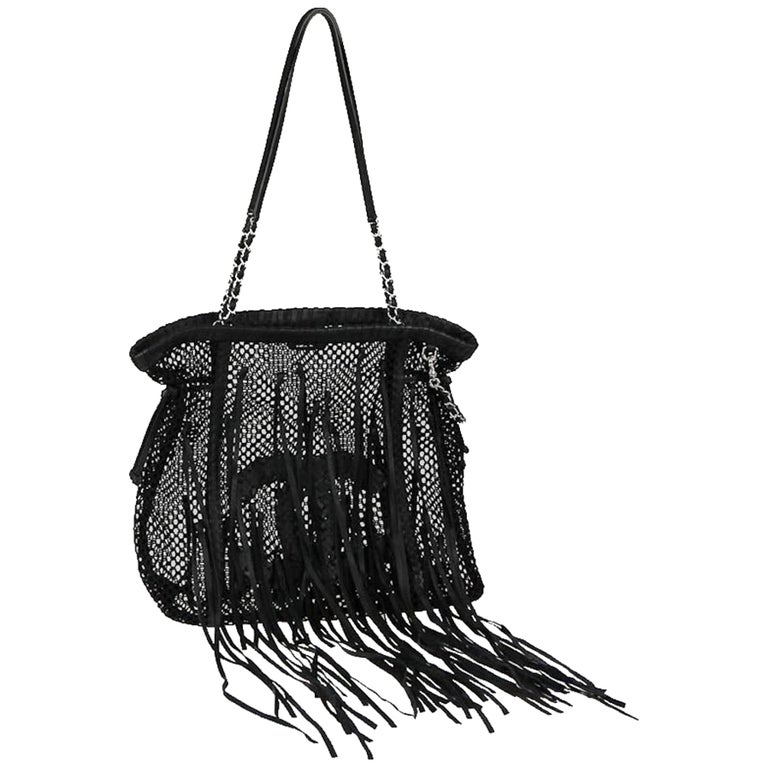 Chanel Limited Edition Resort Fringe Mesh Black Leather Large Tote Rare Soldout For Sale