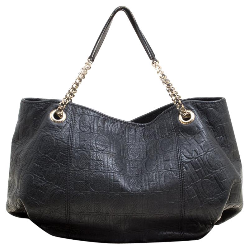 Carolina Herrera Black Monogram Leather Shoulder Bag