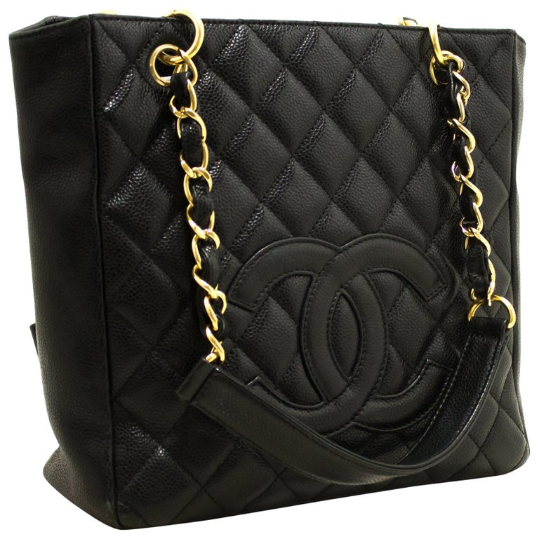 CHANEL Caviar PST Chain Shoulder Shopping Tote Bag Black Quilted For ...