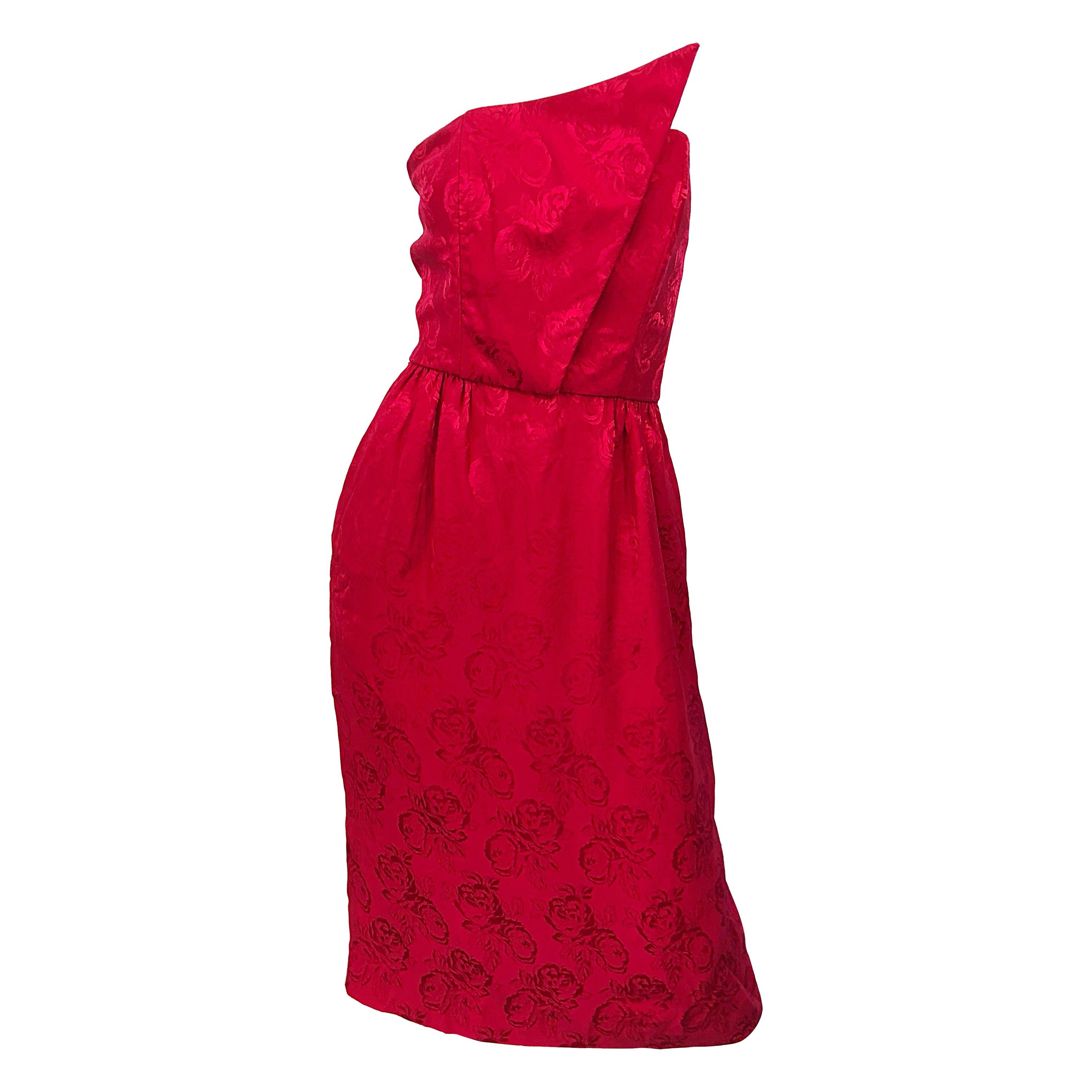 1990s Holiday Lipstick Red Avant Garde Silk Flower Vintage 90s Strapless Dress For Sale