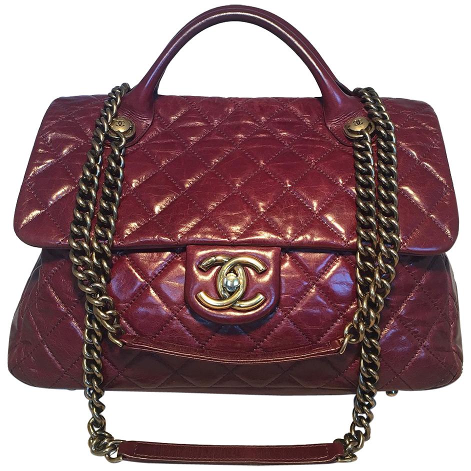 Chanel Maroon Distressed Quilted Leather Large Classic Flap Shoulder Bag