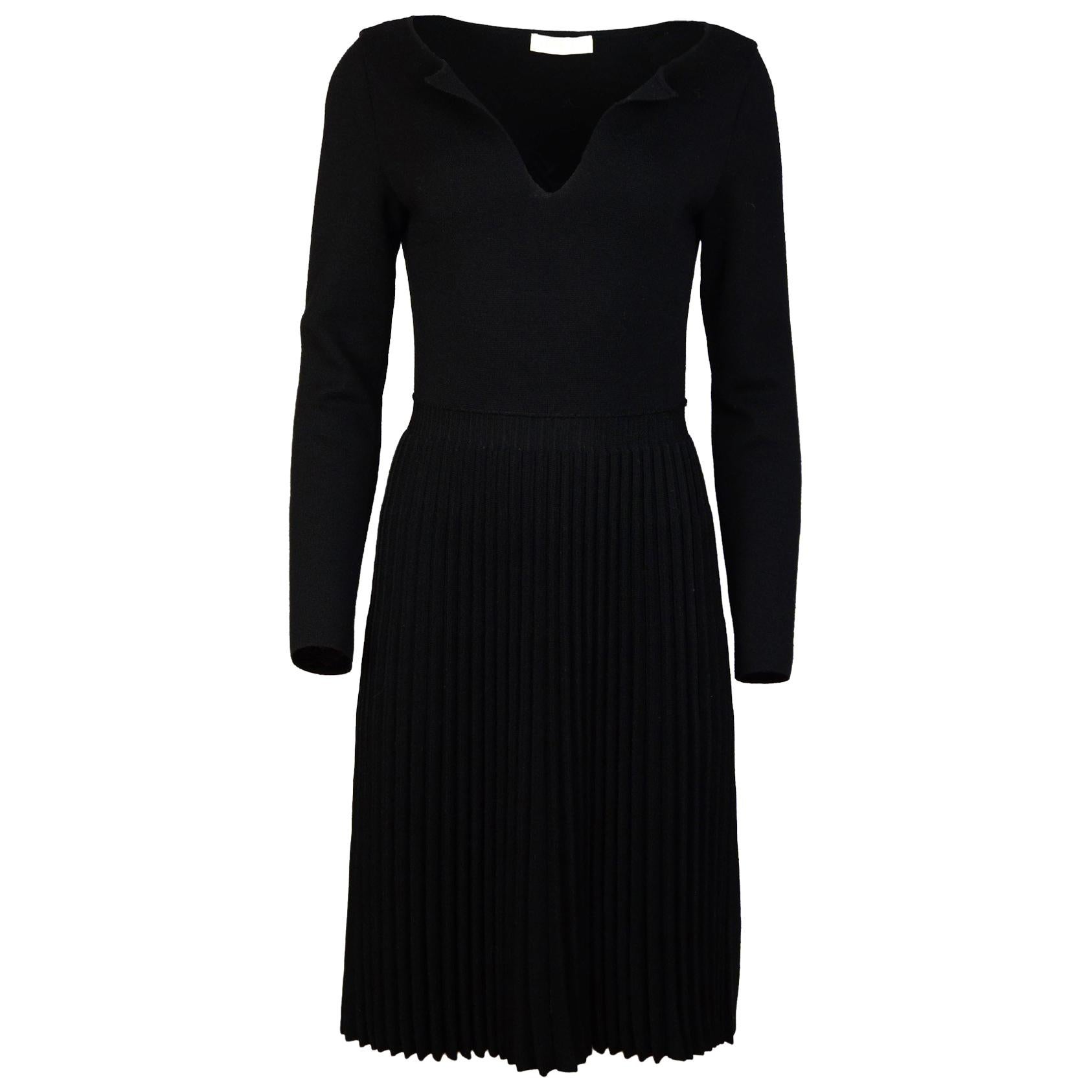 Valentino Black Wool Long Sleeve V Neck Pleated Dress Sz M