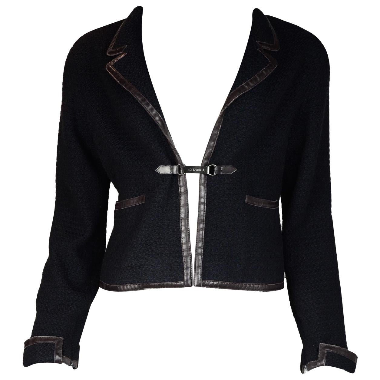 Chanel Black Wool Cropped Jacket W/ Brown Leather Trim Sz 44