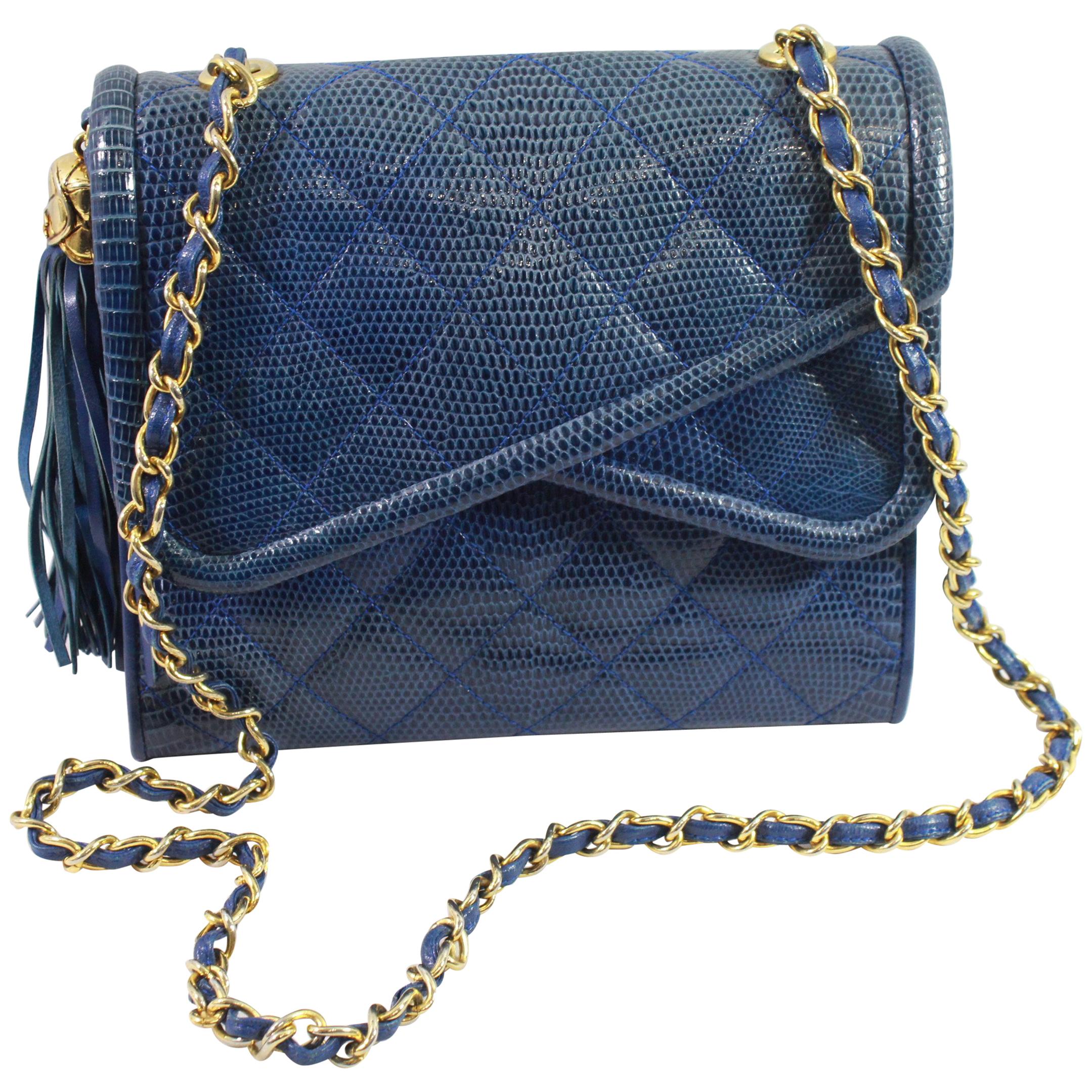 Chanel Vintage Blue Lizard Shoulder Bag For Sale