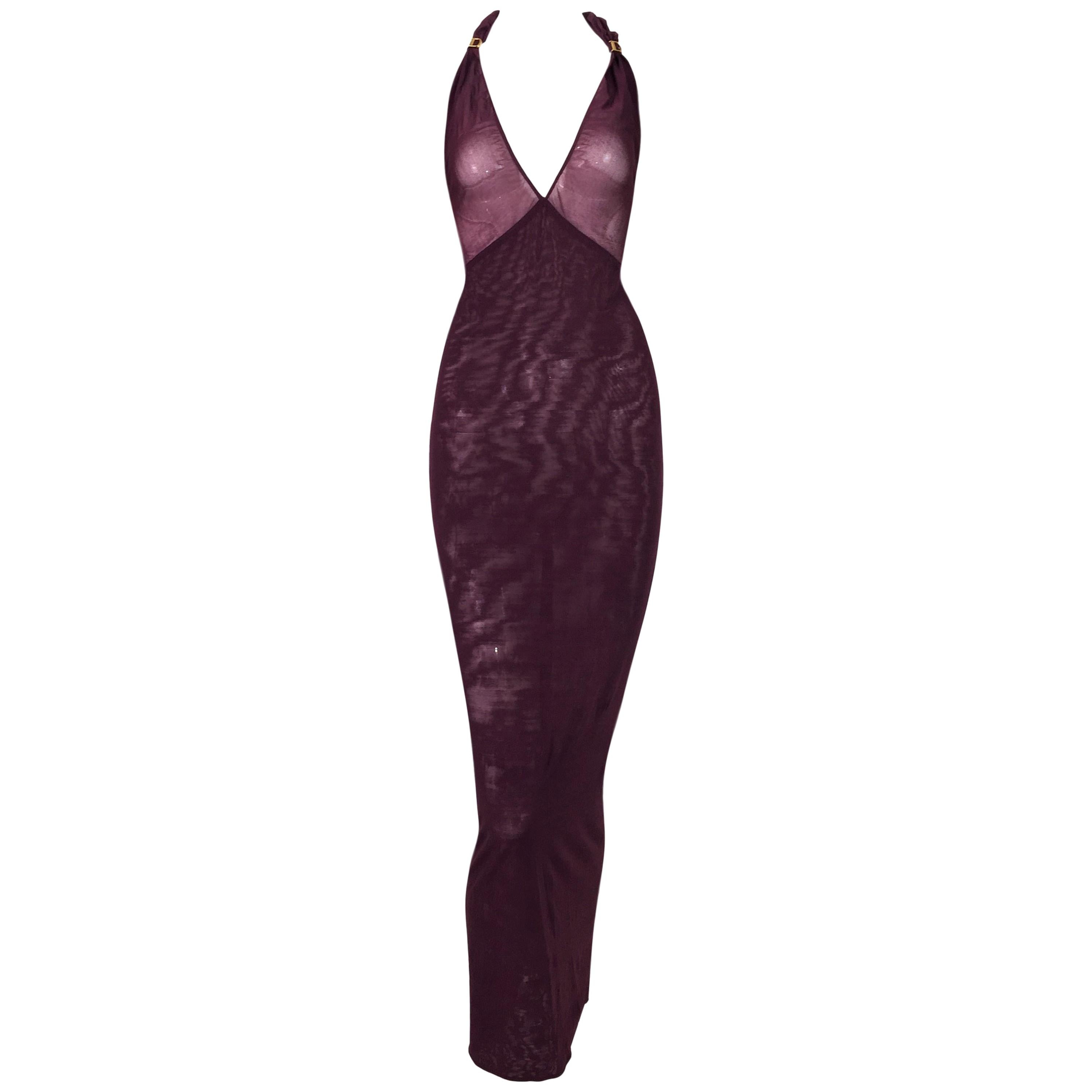 Circa 2000 Christian Dior Sheer Burgundy Halter Pin-Up Wiggle Long Dress