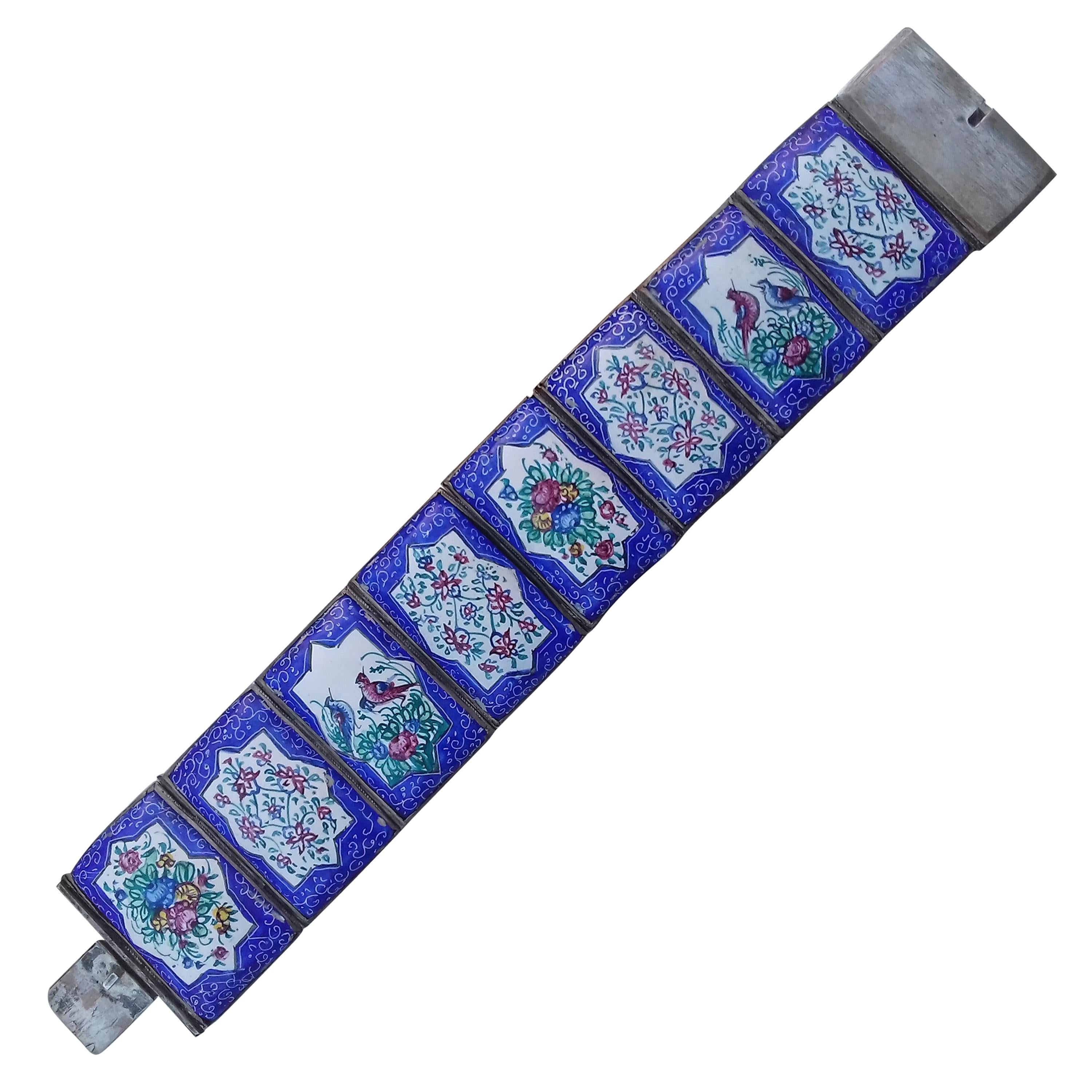 Vintage Bracelet Blue Enamel Birds and Flowers Pattern 6 cm Diameter For Sale