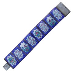 Vintage Bracelet Blue Enamel Birds and Flowers Pattern 6 cm Diameter