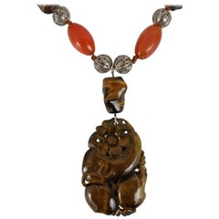 Vintage Tiger Eye Carved Pendant Necklace-Sterling, Carnelian, Tiger Eye Beads