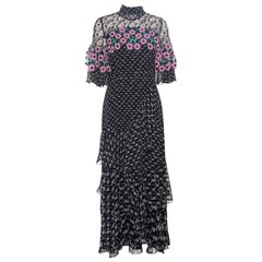 Peter Pilotto Black Floral Print Lace Paneled Ruffled Silk Georgette Dress S