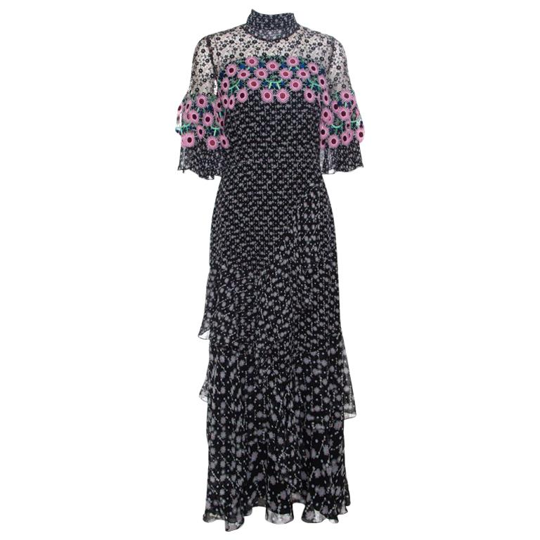 Peter Pilotto Black Floral Print Lace Paneled Ruffled Silk Georgette ...