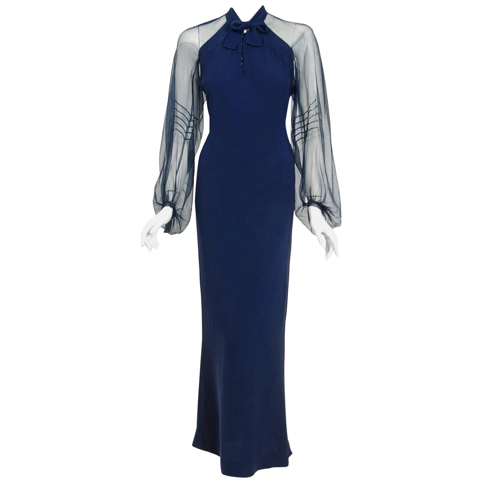 1936 Germaine Monteil Couture Movie Worn Navy Crepe Billow Sleeve Bias