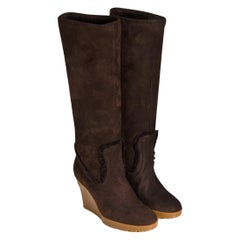 New Gucci Chocolate Brown Shearling Wedge Boots Sz 7